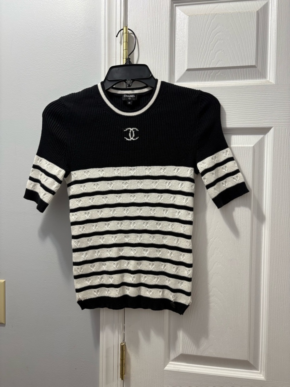 CHANEL Heart Striped Cashmere Cotton Black and White Crewneck Sweater Size 38